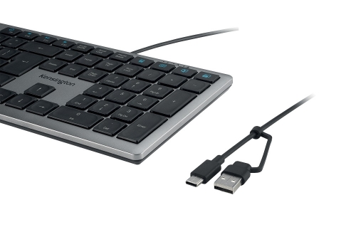 Tastatura Kensington EQ KB515, reincarcabila, cu fir de 150 cm, conexiune cablu USB-C, gri